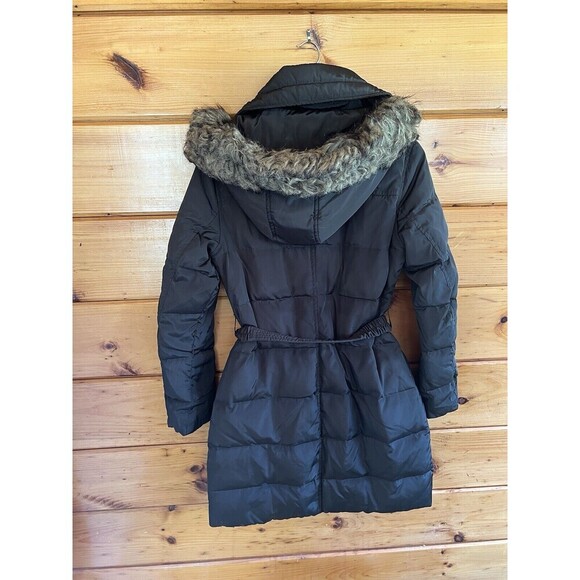 MICHAEL KORS Black Down Puffer Jacket Long Belted Coat Sz Small Hood w/Faux Fur - Picture 6 of 7